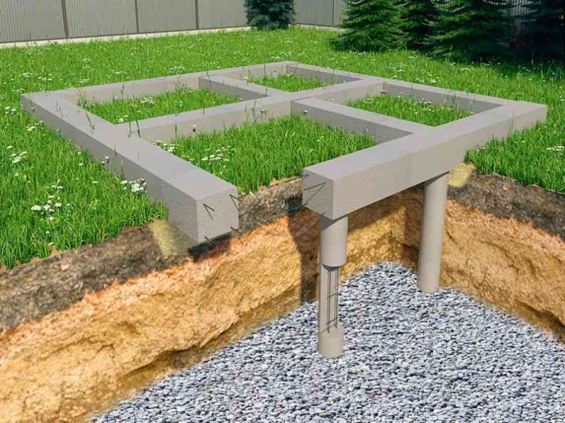 Свайно-ростверковый фундамент – подходящая конструкция для расположения здания на склонах или в местности с неустойчивым грунтом.